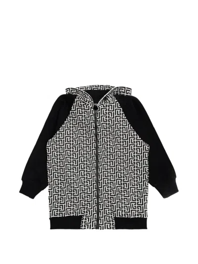 Balmain Kids' Geometric-print Zip-up Hoodie In White
