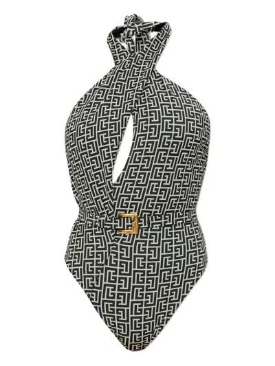 Balmain Geometric-jacquard One-piece Swimsuit In Multi
