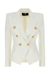 Balmain White Double-breasted Jacket With Peak Lapels And Logo Buttons In Fabric Women