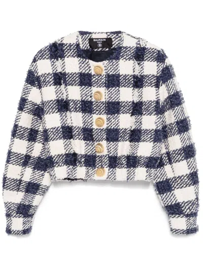 Balmain Blue/white Crewneck Bomber Jacket In Multi