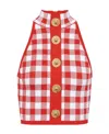 Balmain Cropped Button-embellished Gingham Knitted Top In Red