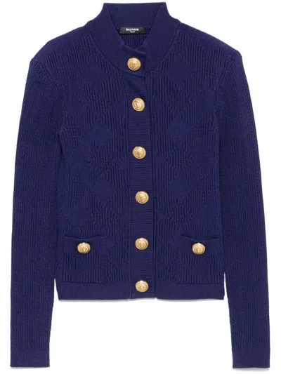 Balmain Gingham Openwork Cardigan In Blue