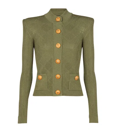 Balmain Openwork Knit Cardigan Sweater, Cardigans In Green