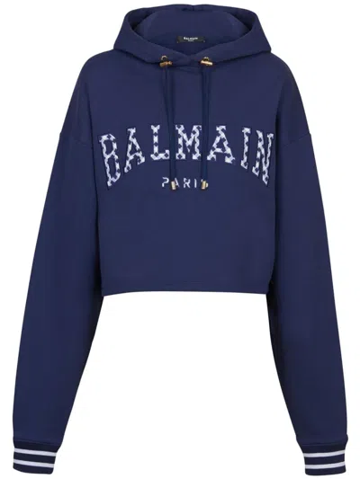 Balmain Gingham Paris Hoodie In Navy Blue