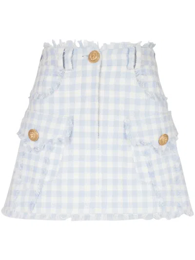 Balmain Light-blue Vichy Tweed Mini Skirt