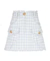 Balmain Button-embellished Frayed Gingham Cotton-blend Tweed Mini Skirt In Blue