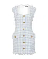 Balmain Frayed Gingham Cotton-blend Tweed Mini Dress In Blue