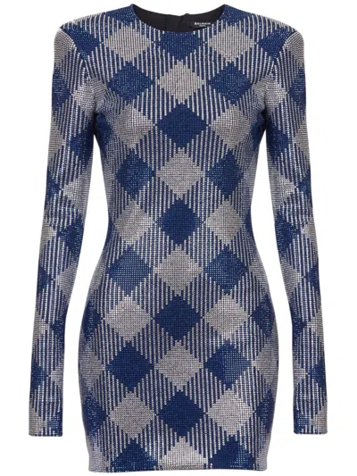 Balmain Gingham Rhinestone Mini Dress In Navy/multi