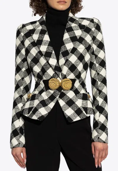 Balmain Gingham Tweed Belted Jacket In Black