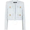 Balmain Blue Plaid Cropped Tweed Jacket In Blue