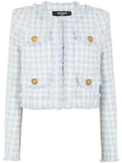 Balmain Blue Plaid Cropped Tweed Jacket