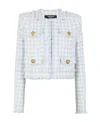 Balmain Blue Plaid Cropped Tweed Jacket In White