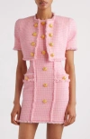 Balmain Vichy Tweed Cropped Jacket In Grid White/ Pink