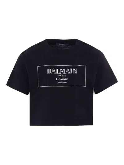 BALMAIN GIRLS' BLACK COTTON CROP T-SHIRT BALMAIN