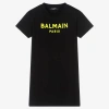 BALMAIN GIRLS BLACK LOGO T-SHIRT DRESS