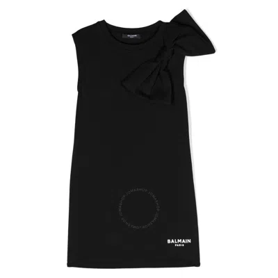 Balmain Girls Bow-detail Cotton Dress In Black