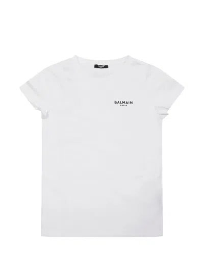 Balmain Girls' Cotton-blend Crew Neck Short Sleeve T-shirt In Bianco