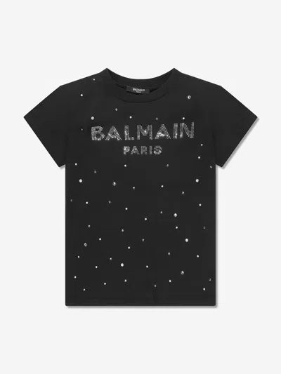 Balmain Kids' Girls Diamante Logo T-shirt In Black