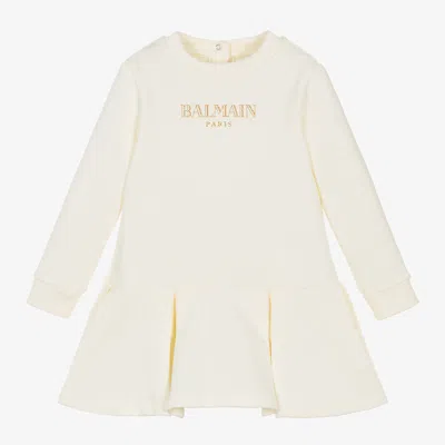 Balmain Babies' Embroidered-logo Cotton Sweatshirt Dress In Ivory