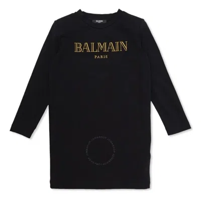 Balmain Kids'  Girls Logo Embroidered Cotton Jersey Dress In Gold Tone/black