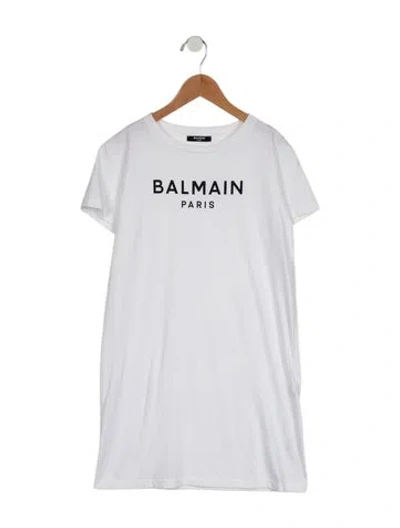 Pre-owned Balmain Kids' Girls' Logo Graphic T-shirt Dress In White