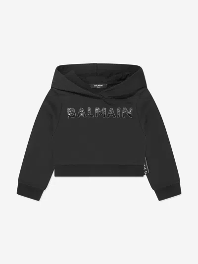 Balmain Kids' Sequin-logo Cropped Cotton Hoodie In Black