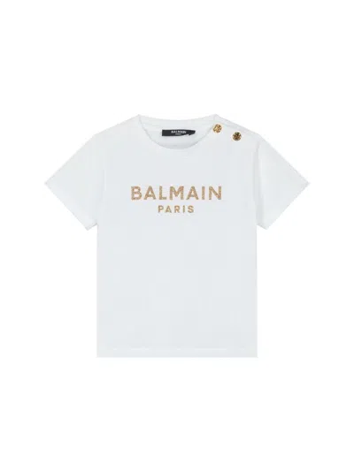 Balmain Girls' Mini Short Sleeve T-shirt With Logo And Buttons In White