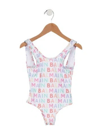 Pre-owned Balmain Kids' Girls' Printed Logo Swimsuit In Multicolor