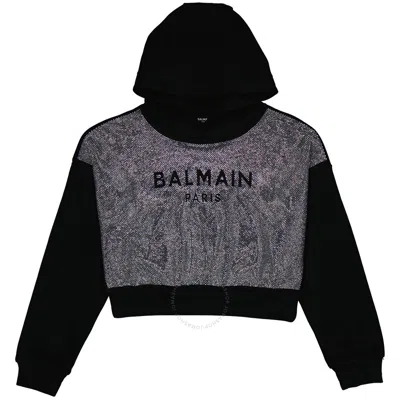 Balmain Kids'  Girls Shimmer Rhinestone-panel Cotton Hoodie In Black