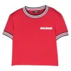 Balmain Logo-print Striped-trim T-shirt In Red