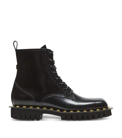 Balmain Glazed Leather Studded Boots In Black