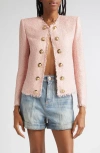Balmain Glitter Embellished Silk Tweed Spencer Jacket In Pink