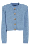 Balmain Glitter Labyrinth Monogram Jacquard Crop Cardigan In Blue