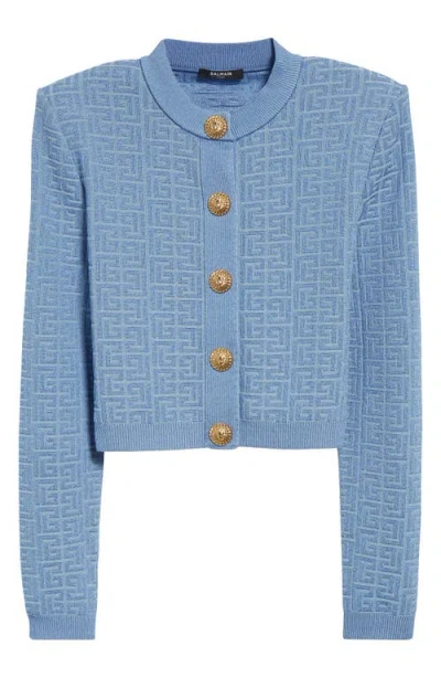 Balmain Glitter Labyrinth Monogram Jacquard Crop Cardigan In Blue/blue