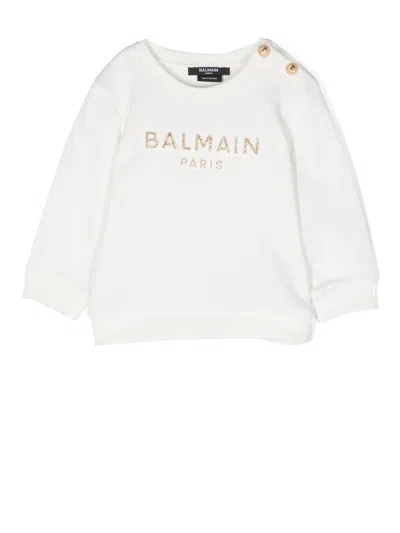 Balmain Babies' Glitter-logo Cotton Sweatshirt In Avorio