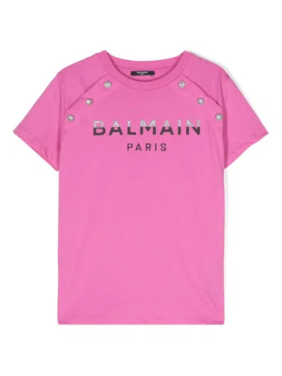 Balmain Kids' Glitter Logo-detail T-shirt In Fuchsia