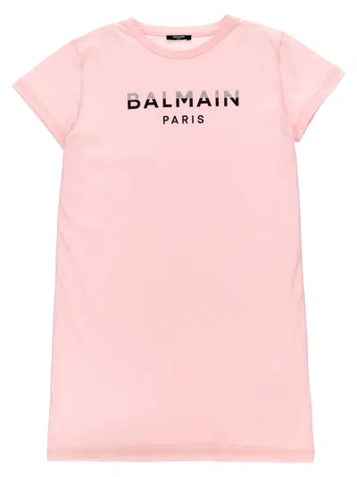 Balmain Glitter Logo Dress In Pink
