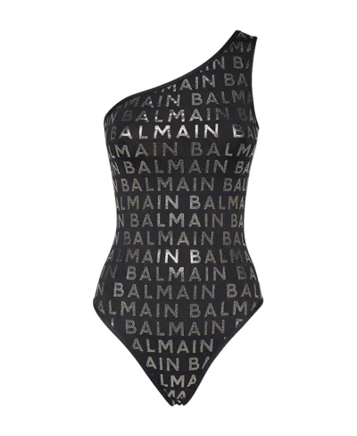 Balmain Glitter-logo One-shoulder Swimsuit In Black