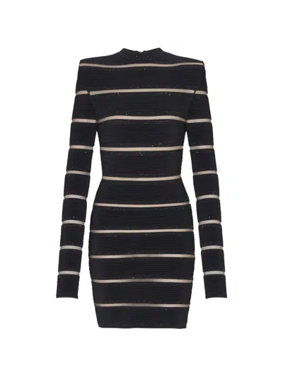 Balmain Gestreiftes Bodycon-kleid Im Glitter-look In Black