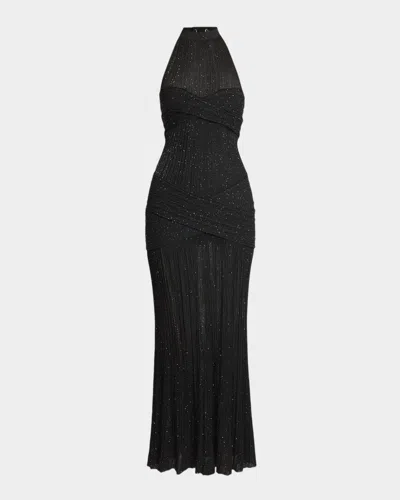 Balmain Glittered Crisscross Semi-sheer Halter Dress In Black