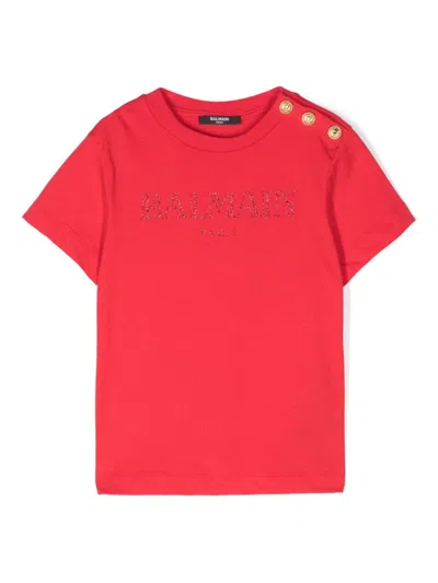 Balmain Kids' Glittered-logo T-shirt In Red