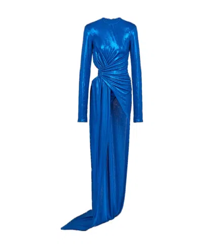 Balmain Glittered Ruched Dress In Blue
