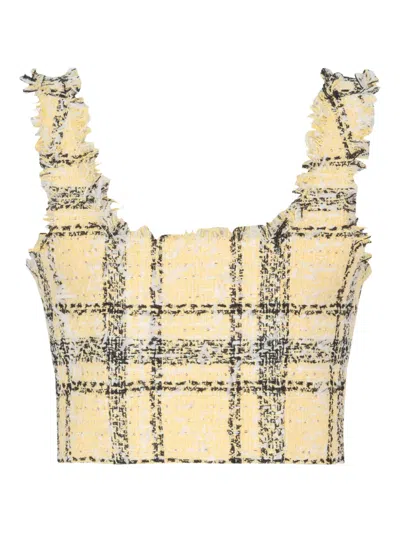 Balmain Crop Top In Glitter Plaid Tweed In Yellow