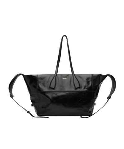 Balmain Glossy Calfskin Zippered Handbag In Black