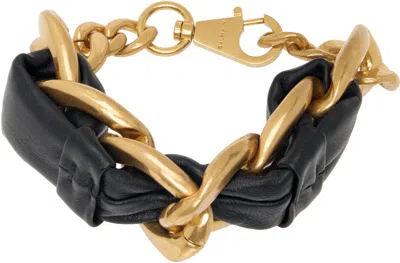 Balmain Gold & Black 1945 Soft Chain & Leather Bracelet In Ead Noir/or
