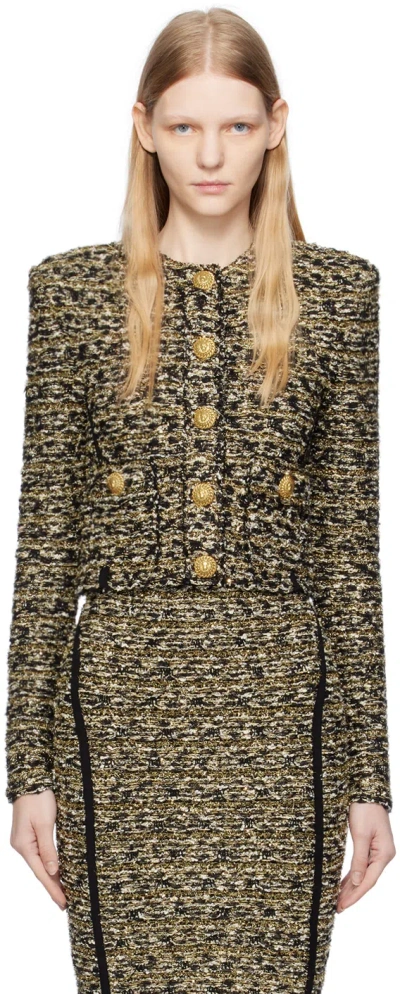 Balmain Gold & Black Collarless Jacket In Ead Noir/or