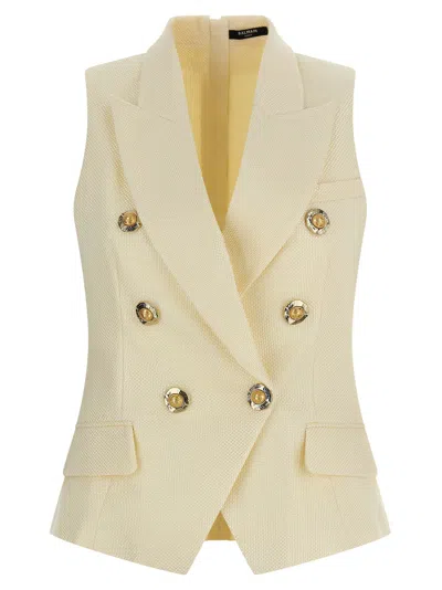 Balmain Jacquard Vest With Flap Pockets And Gold-tone Buttons In Yellow