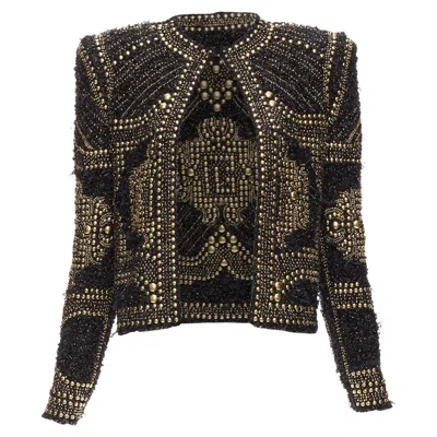 Balmain Gold Black Boucle Tweed Gold Studded Power Shoulder Jacket