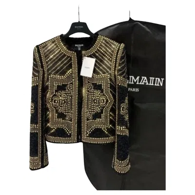 Pre-owned Balmain Gold Black Boucle Tweed Gold Studded Power Shoulder Jacket