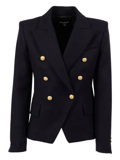 Balmain Gold-button Double-breasted Jacket In Blue